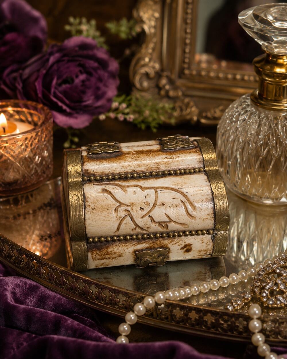 Vintage Carved Bone Brass Trinket Box Purple Velvet Lined Jewelry Box